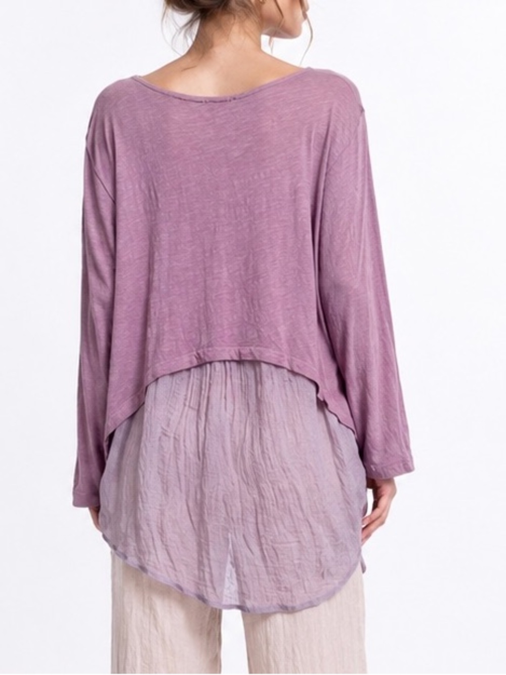 UMGEE Boho Layered Gauze Tunic Top High Low Hem Cotton Blend Plum Purple Grey